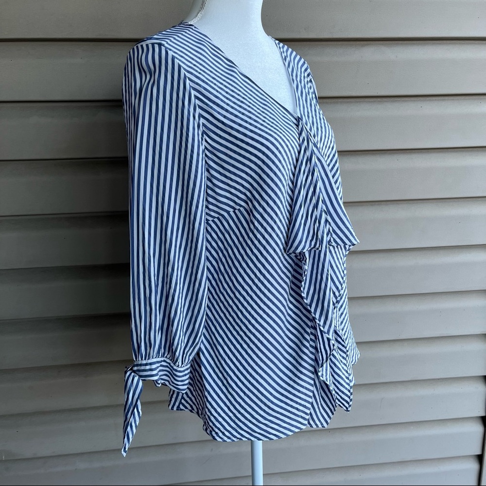 •Chico’s• Navy Striped Long Sleeve V-Neck Ruffle Top - Size Large - Picture 7 of 11